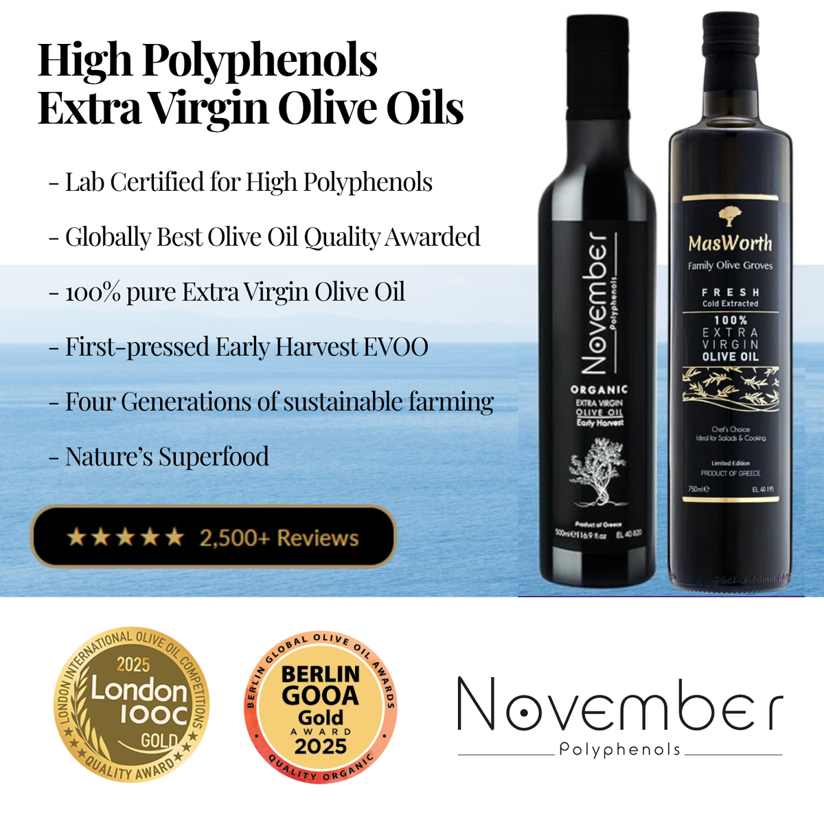 High Polyphenols EVOO - November Olive Oil MasWorth Extra Virgin Olive Oil