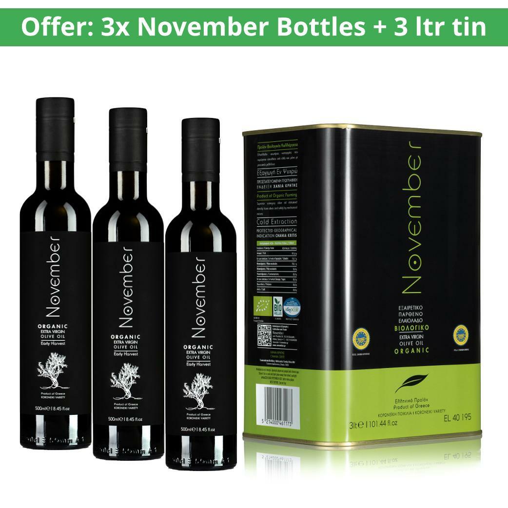 15% OFF on 3 x November Early Harvest (500ml) & 1 x 3L Tin November Organic Olive Oil – Special Offer