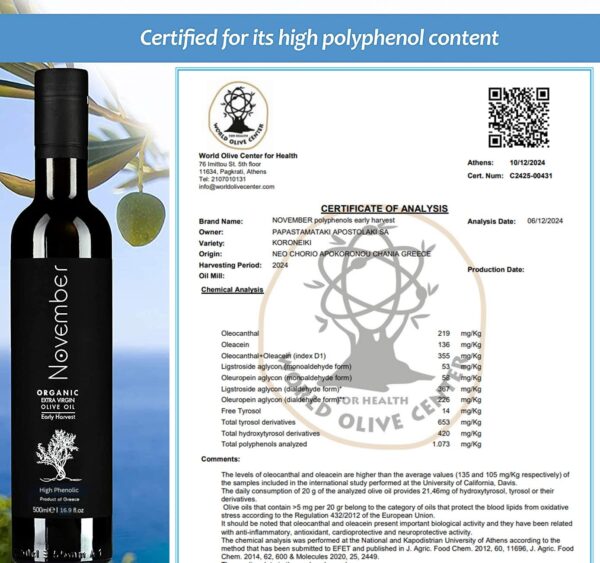 November Polyphenols Early Harvest Organic Olive Oil (500ml) - Image 2